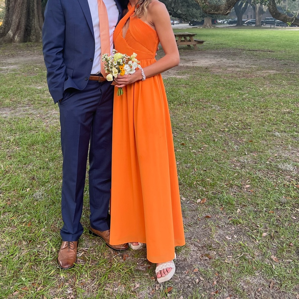 Badgley Mischka Criss Cross Halter Maxi Dress in Papaya